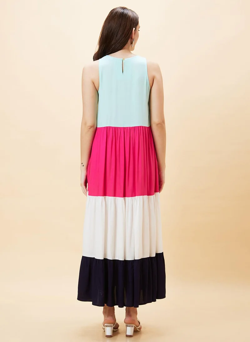 globus Globus Women Pink Colourblocked Round Neck Sleeveless Gathered Tiered A-Line Maxi Dress